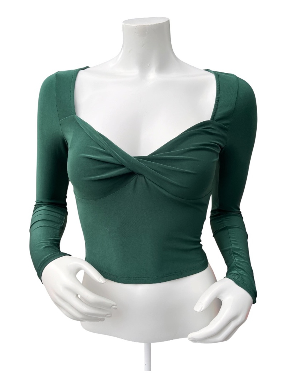 Forever 21 Dark Green Long Sleeve Skintight Plunging Neck Top Size S
